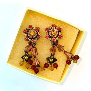 ‘90s clip dangling earrings w/ orange & gold rhinestones & unique faceted beads